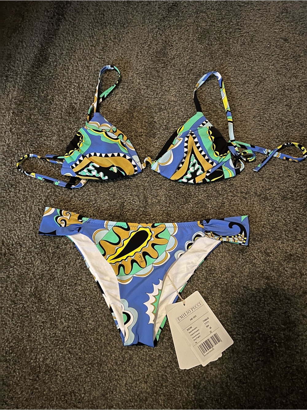 Emilio Pucci Blue, Green & Yellow Abstract Print Triangle Bikini